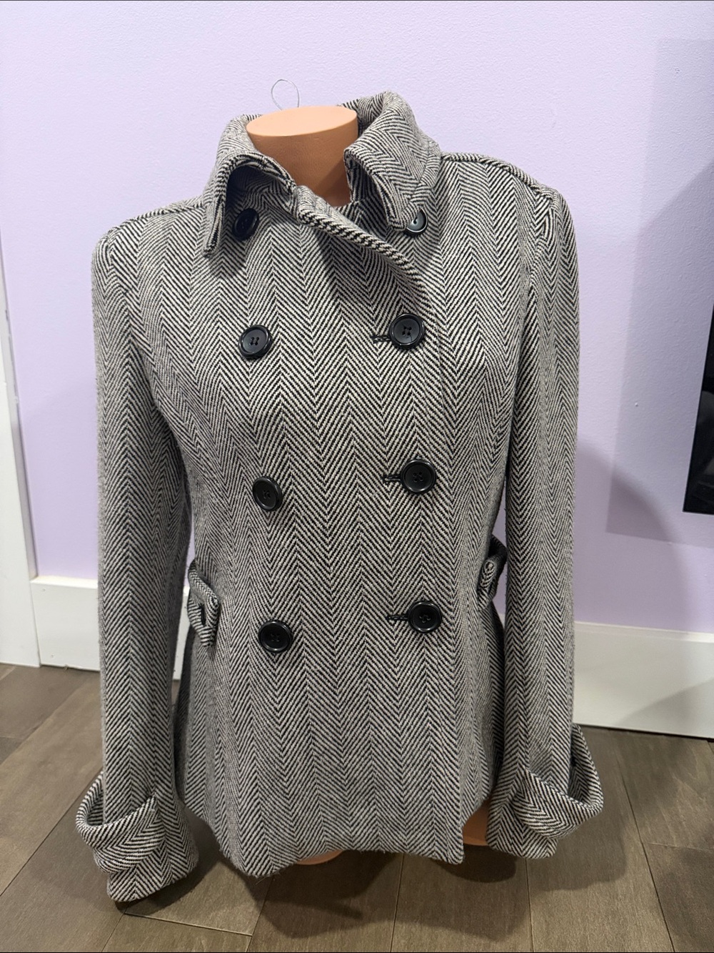 Express Gray Herringbone Double-Breasted Peacoat